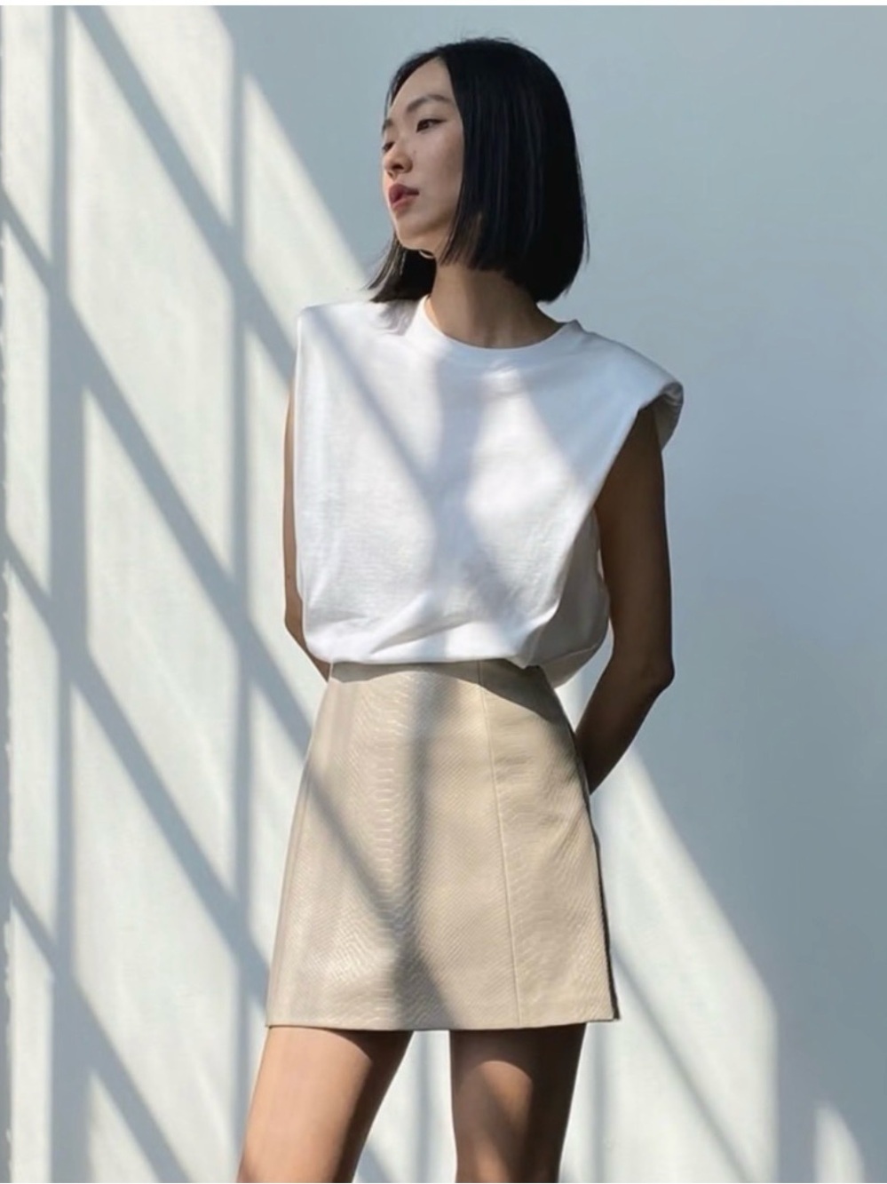 Babaton Beige Faux-Leather A-Line Skirt